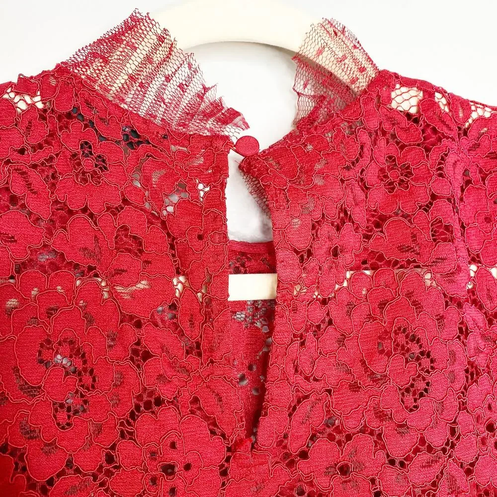 J crew Red Lace Party Top with Tulle Ruffle XS